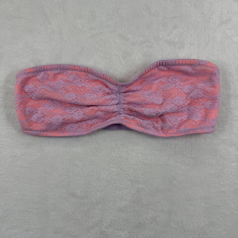 PINK Victoria's Secret Lace Bandeau Bra Purple Pink Floral Ruched Large 284402